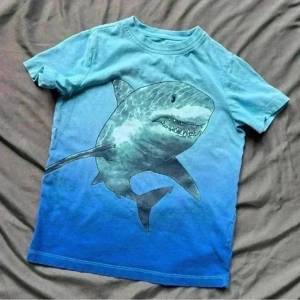 Lands End- Kids Tee- Shark and Gradient Blue- Medium (5/6)